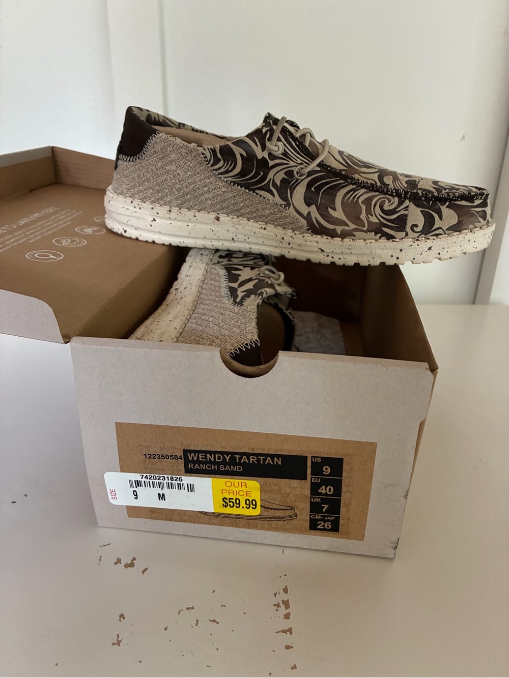 Hey Dude Wendy Tartan Loafers in Ranch Sand Brown Pattern